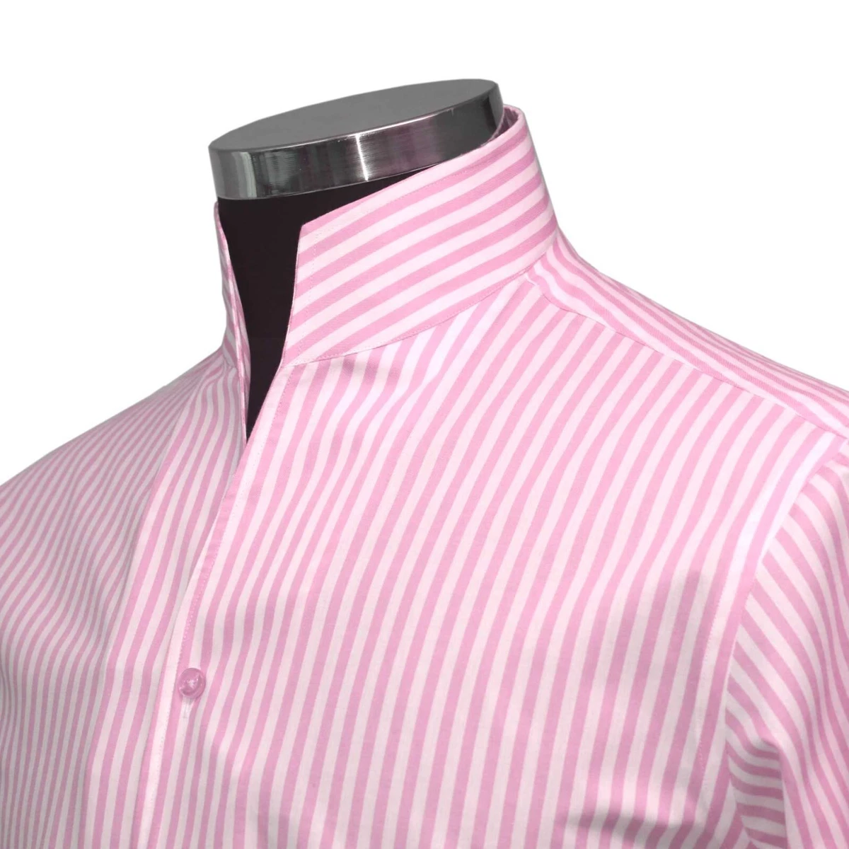 High Open Pink Striped Chinese Band Buttonless Tall Neck Stiff Collar Men Shirt