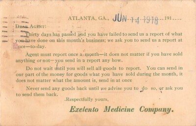 ATLANTA, GA ~ EXELENTO MEDICINE CO., REQUEST FOR AGENT'S REPORT. PMC ~ used 1918