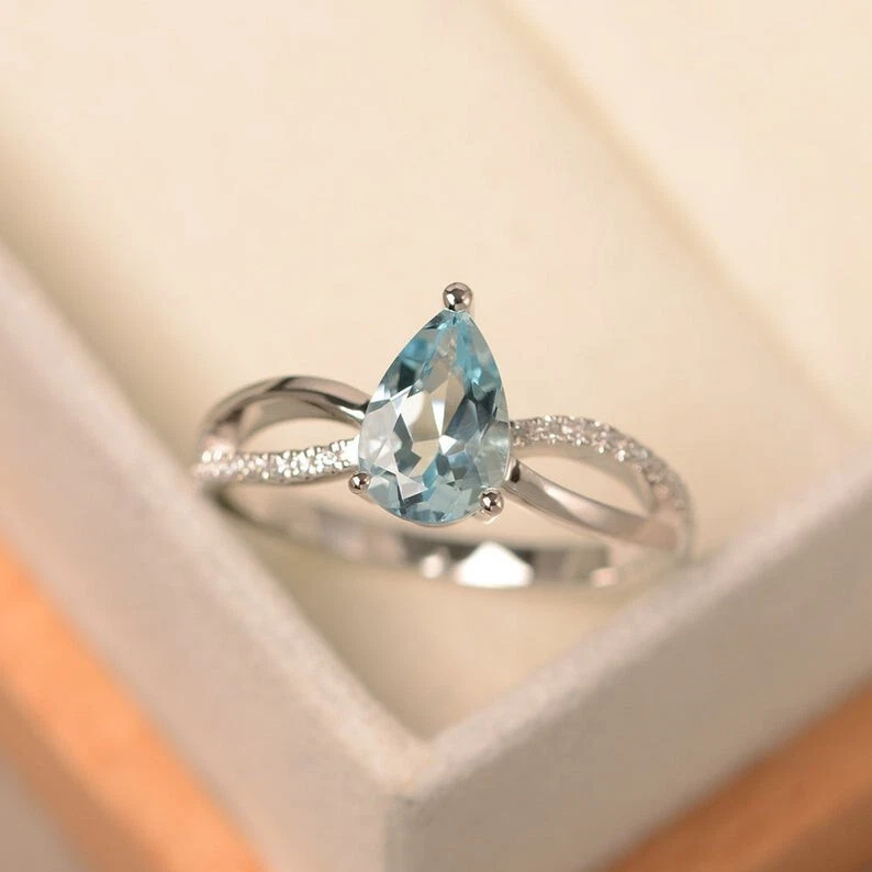 1.15 Ct Pear Cut Real Aquamarine & Diamond Engagement Ring 14K Solid White Gold - Image 2 of 4