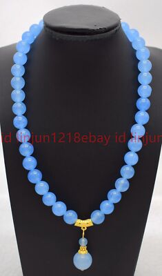 Natürliche schöne 10 mm blaue Jade runde Edelstein Perlen Anhänger Halskette 16-32 Zoll
