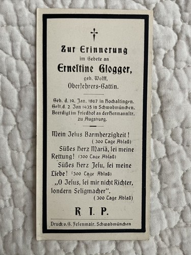Vintage deutsche Todesbeerdigung Heilige Gebetskarte 1935 - Bild 2 von 2