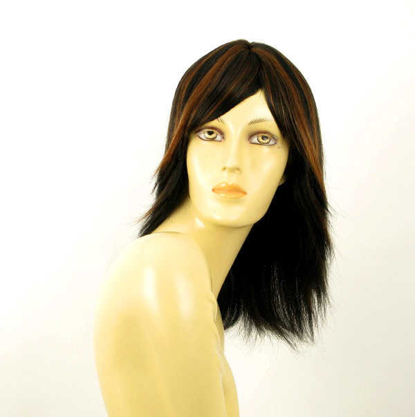 Perruque femme cheveux naturel mi-long méchée noir et cuivré Julie coupe 1b30