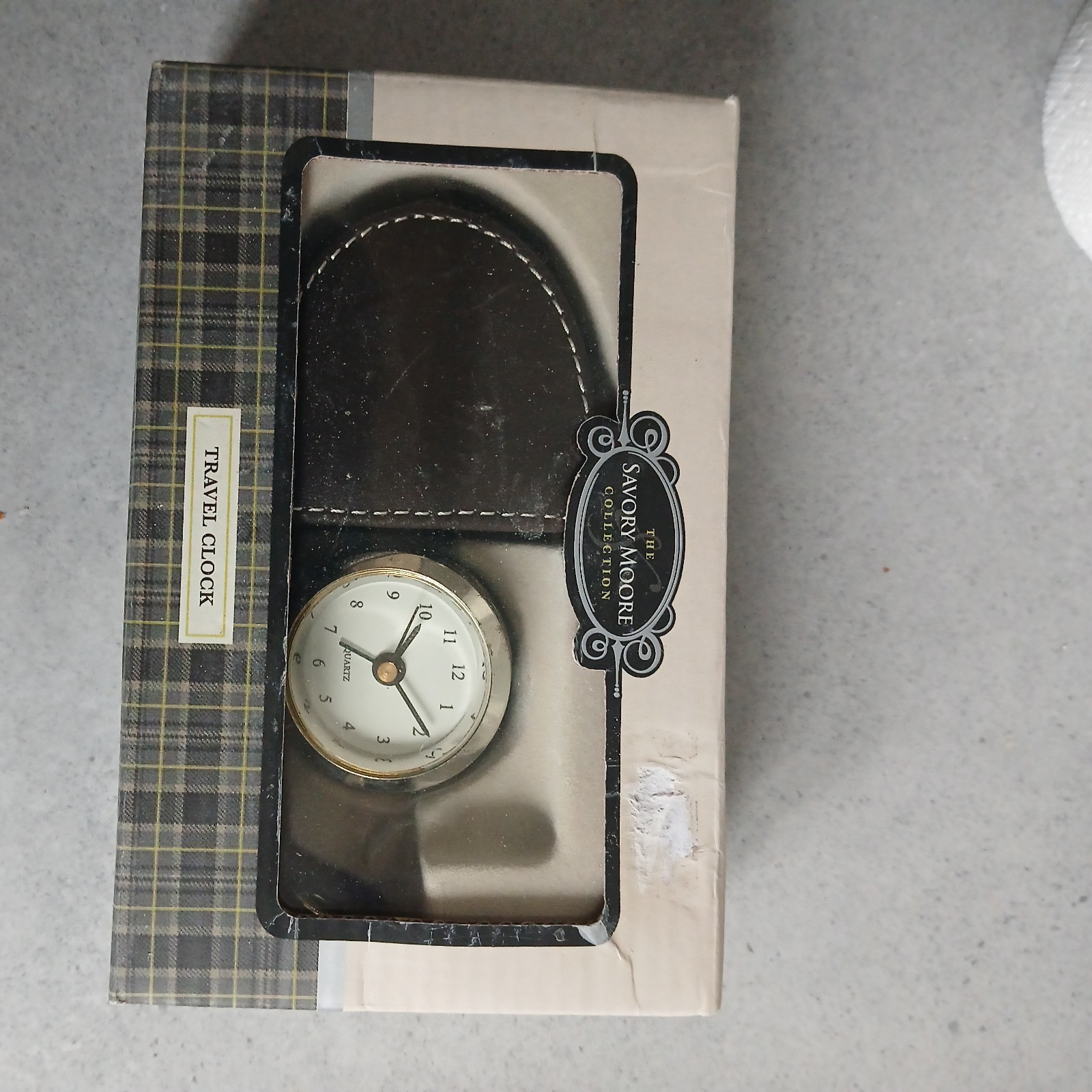 Vintage SAVORY MOORE Pocket Quartz Travel Alarm Clock in Faux Leather Brown Bag