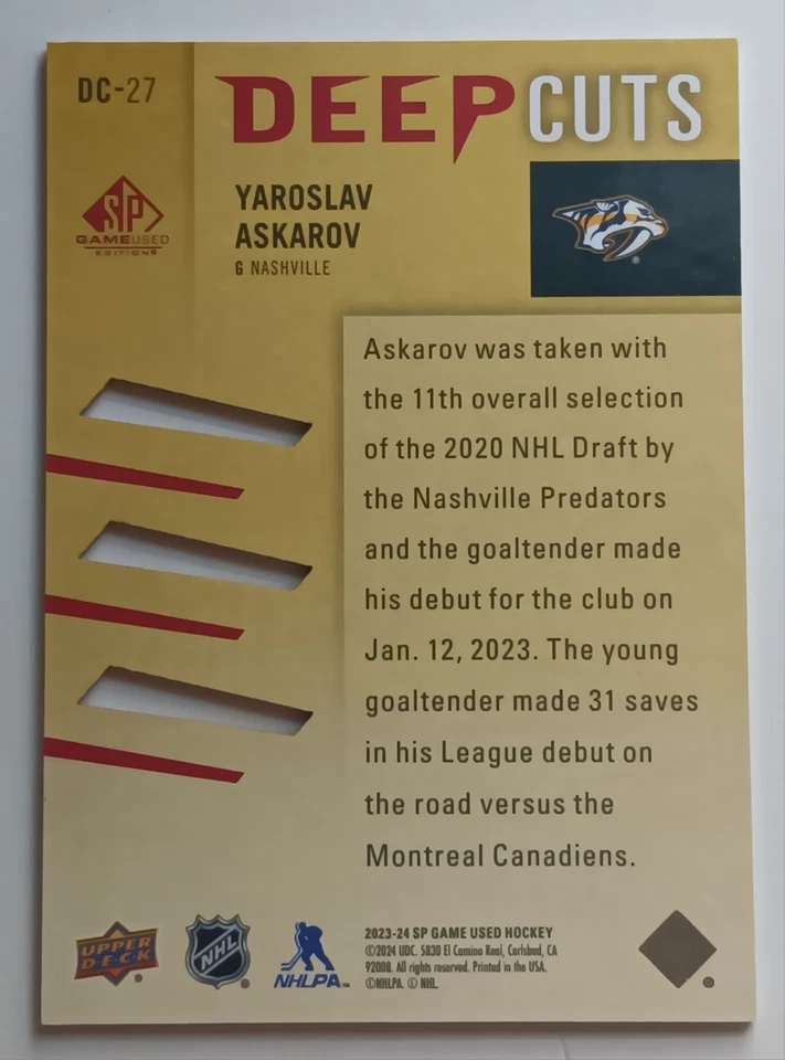 2023-24 SP Game Used Deep Cuts Red Yaroslav Askarov /35 Predators Sharks - Image 2 of 2