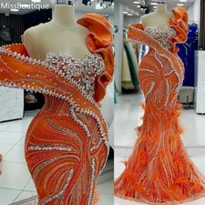 Luxury Orange Mermaid Prom Dresses Lace Rhinestones Feather Sequin Evening Gowns