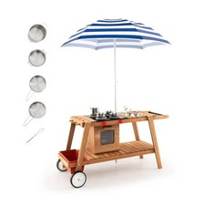 Kids Wooden Play Cook Cart Set Portable Outdoor Toy Navy White Umbrella