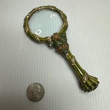 Vtg Enameled Magnifying Glass Green w/Pink Flowers Double-Sided Embellishment