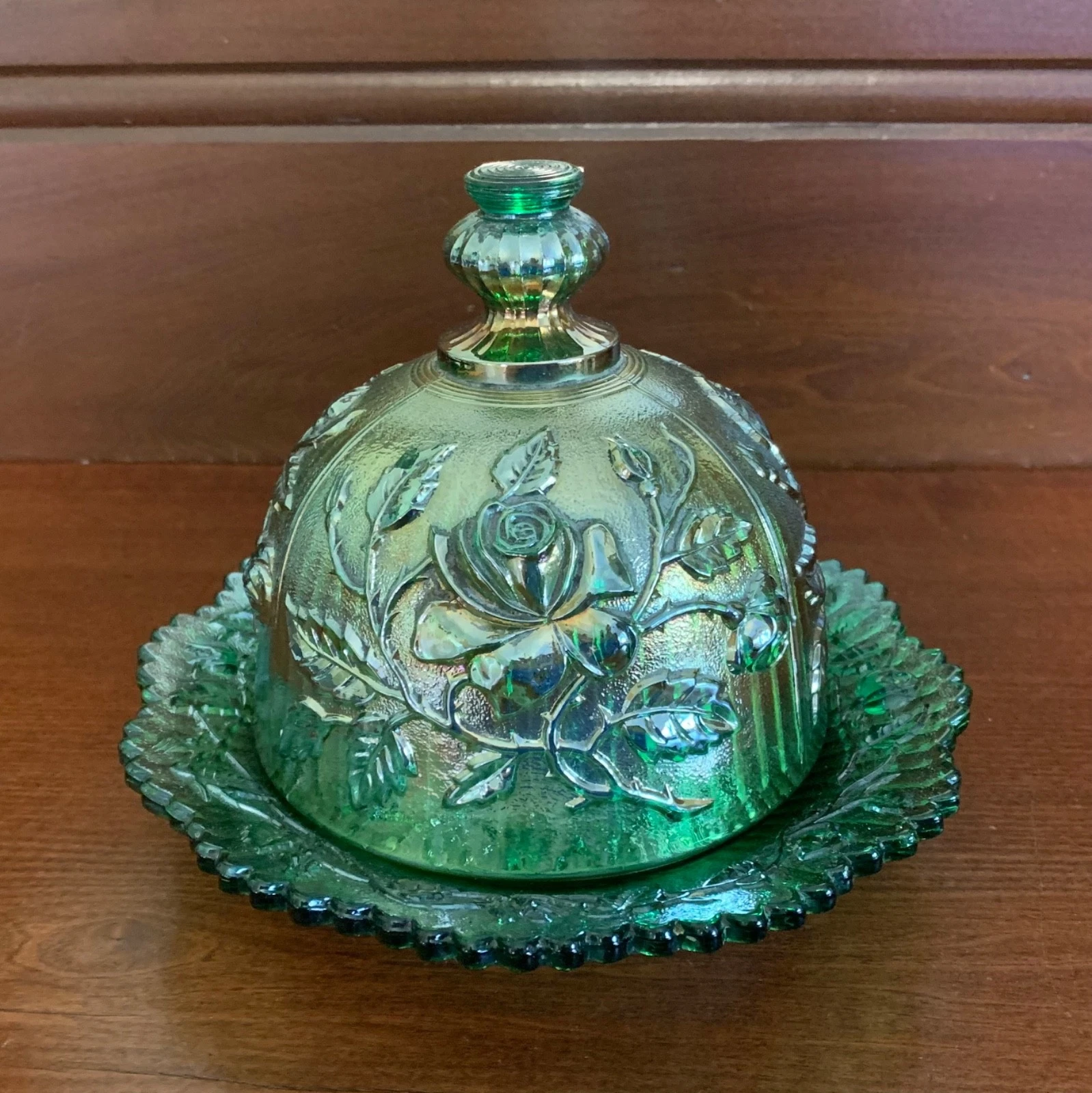 Imperial Glass Green Iridescent Carnival Domed Butter Dish-Open Rose Pattern
Opens in a new window o