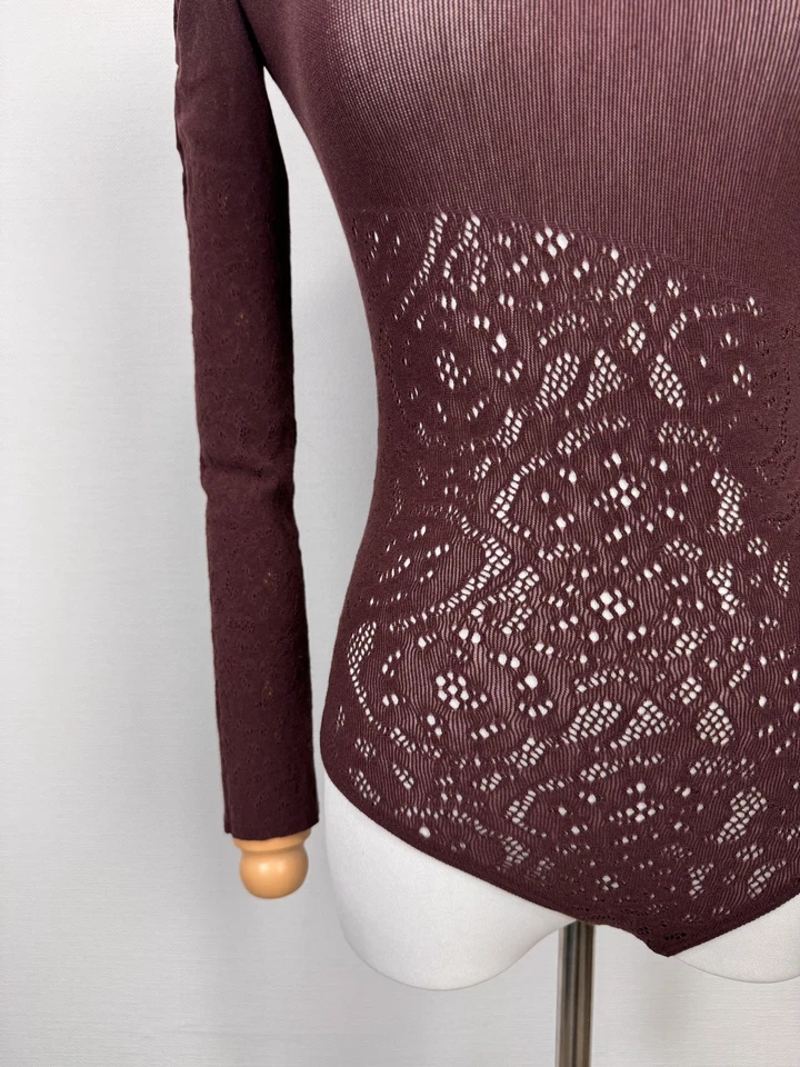 Wolford 100% шерсти Slim Fit дышащий вязаный кружевной длинным рукавом бордовый боди - Изображение 4 из 4