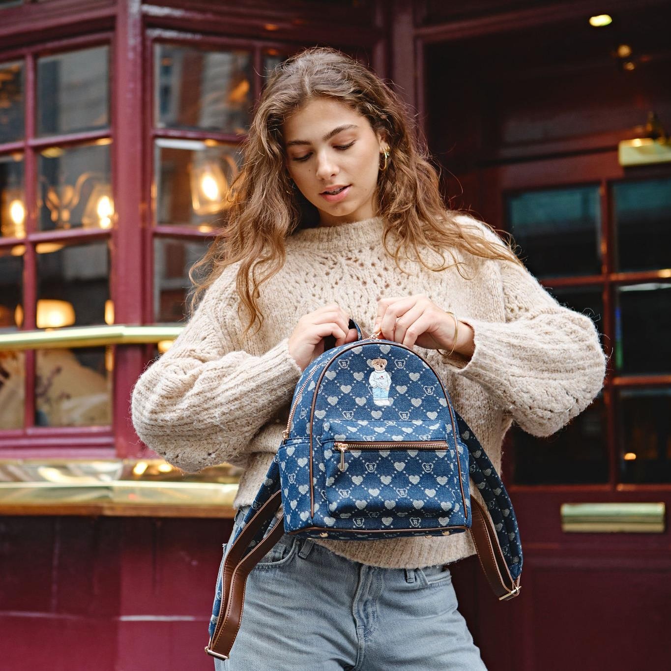 Small Backpack Bear Monogram Pattern Blue Teddy Day Rucksack Bag Travel Womens