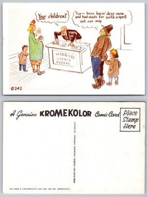 Vintage KROMEKOLOR Comic Postcard Marriage License Bureau Family Humor