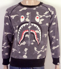 EUC A Bathing Ape BAPE Crew Sweatshirt Gray Camo Shark Camouflage Hip Hop Rap S