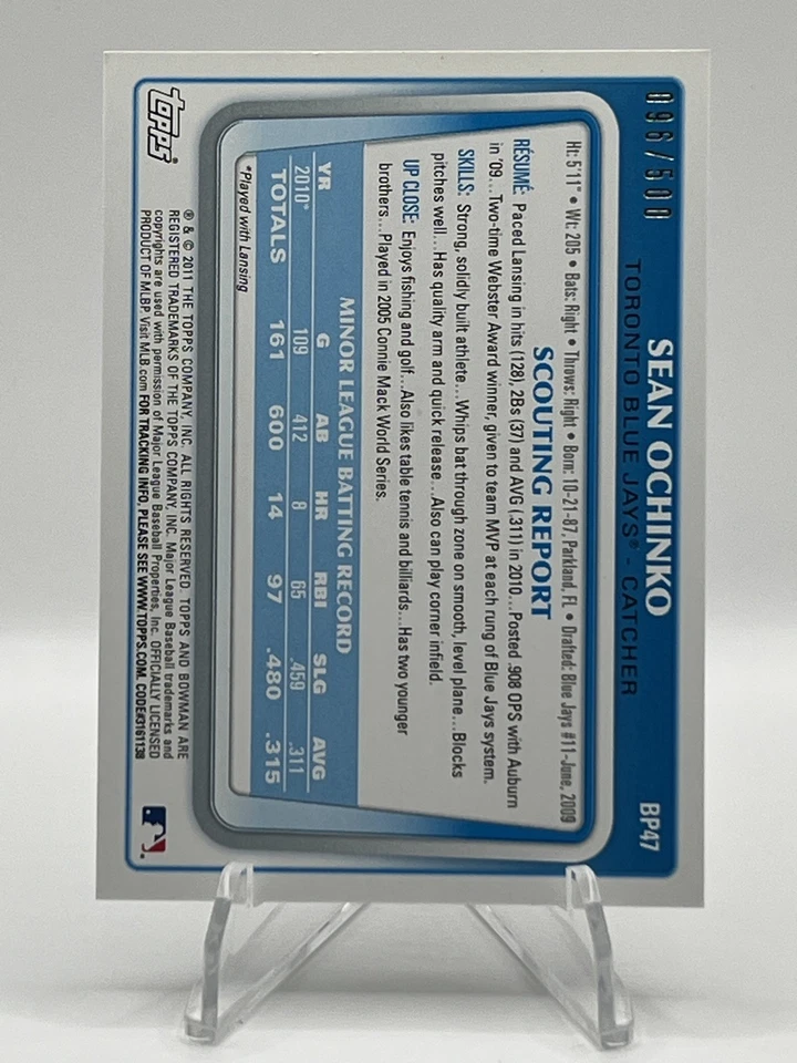 2011 Bowman Prospects Sean Ochinko #BP47 (RC) Blue /500 Toronto Blue Jays - Image 2 of 2