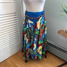 Vintage Skirt Womens Small Tropical Floral Midi Beaded Trim Retro Resort Beach