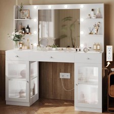 Tocador de Maquillaje con Tapa de Vidrio Blanco Tocador Escritorio con Espejo y Luces