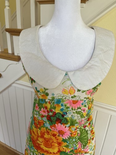 Vintage Maxi Dress Empire Very Bright Floral Embossed Cotton White Collar 70’s S - Picture 16 of 18