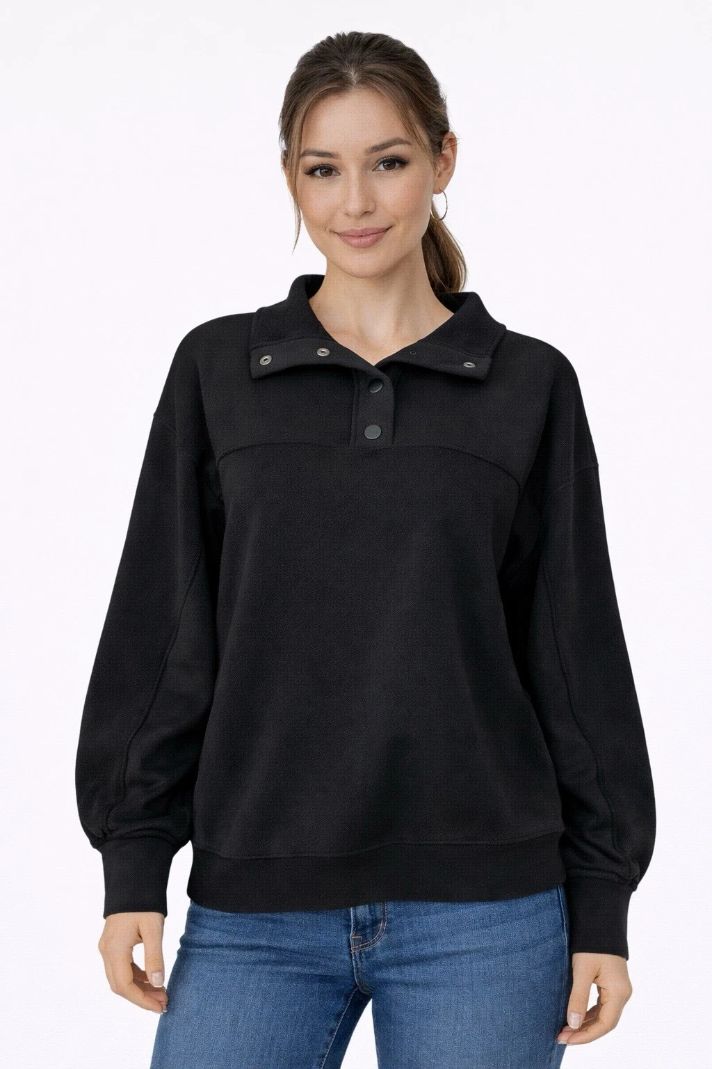 Westbound $59 Fleece Snap-Neck Pullover Black Top Size 1X New With Tags NWT