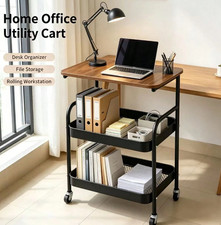 3 Tier Rolling Cart - Walnut Black Mobile Storage Trolley with Wheels