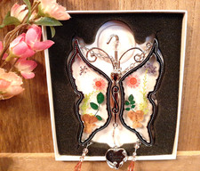 Butterfly Pressed Glass Suncatcher, Stained Glass Style Sister Heart , Crystals