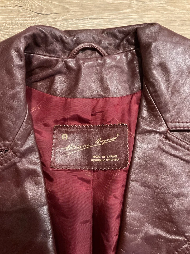 Abrigo Chaqueta Blazer Etienne Aigner Cuero Talla 16 Forrado Borgoña Sangre de Buey De Colección Foto 2 de 4
