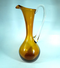 Vintage Large Amber Glass 11" / 28cm Jug Pitcher, Clear Handle; Krosno?