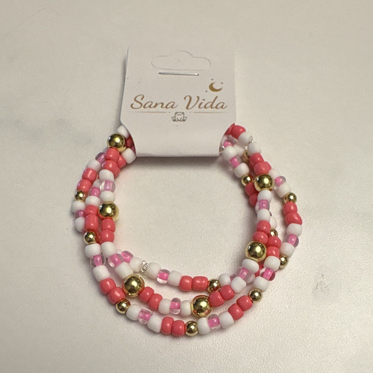 Sana Vida Pink White Gold Beaded Adjustable Bracelet Glass Round Fashion