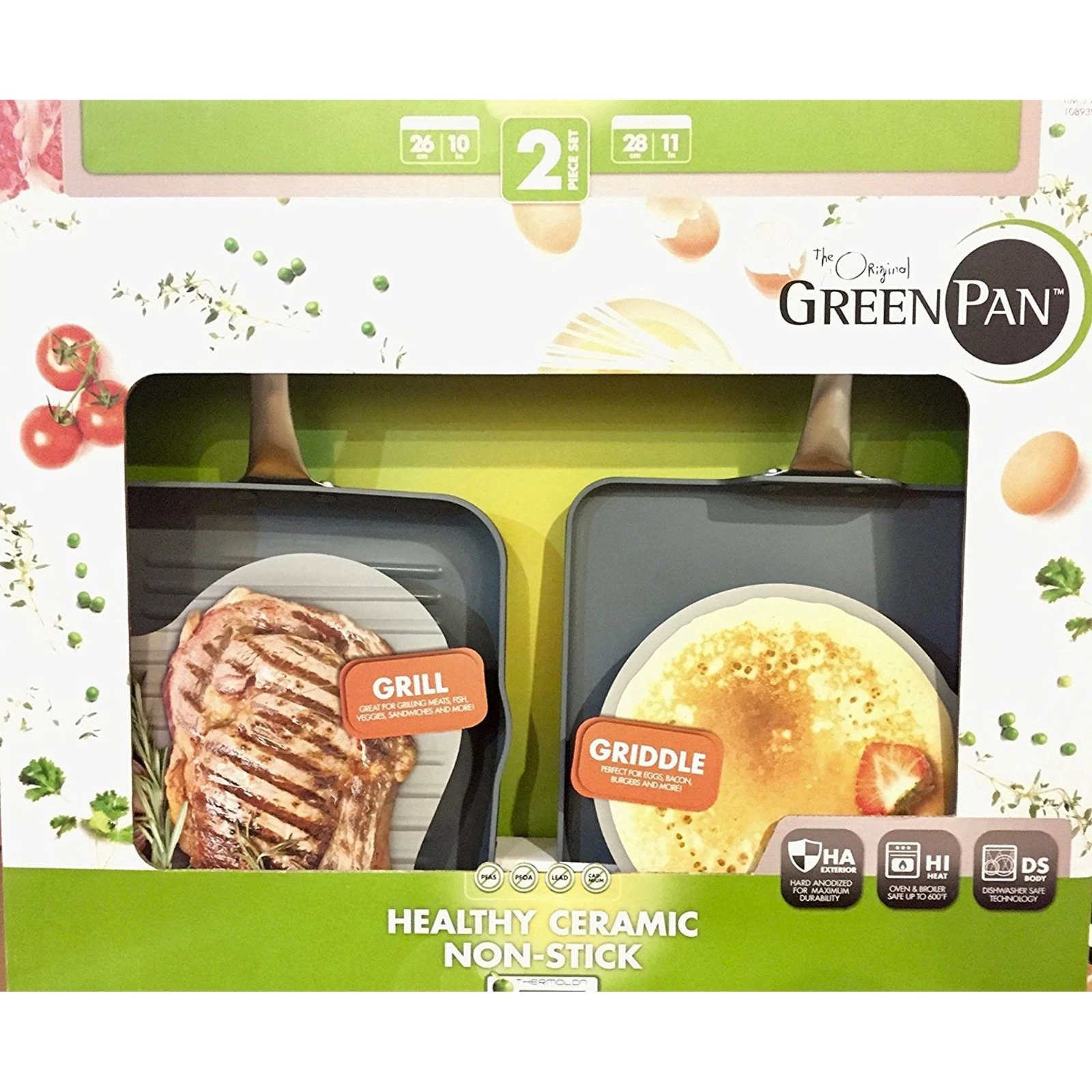 GreenPan Hard Anodized 2 Non-Stick Ceramic Square 10" Grill & 11" Griddle Pans