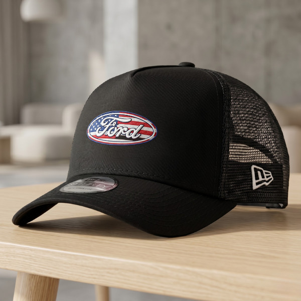 Ford American Flag Embroidered Black Trucker Hat Mesh Adjustable Cap