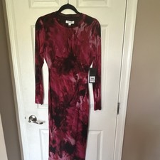 Nine West Burgundy/Black Abstract Bodycon Midi Dress Ruched Stretch Size 6