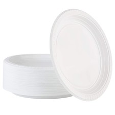 PLASTICPRO 9 inch Round Plastic Plates Microwaveable, Disposable, White, Dinn...
