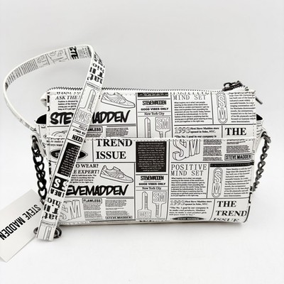 Steve Madden Newsprint BLEXI Top Zip Crossbody Bag Black White