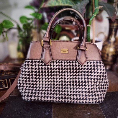 David Jones Paris Houndstooth Satchel Handbag Shoulder Bag Gold Accents