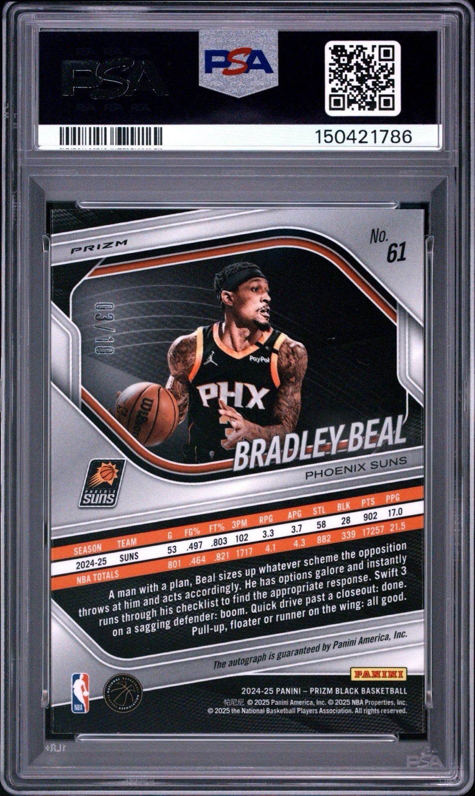 Bradley Beal 2024-25 Prizm Black Gold Shimmer Auto 03/10 PSA 10 Jersey Number view 2