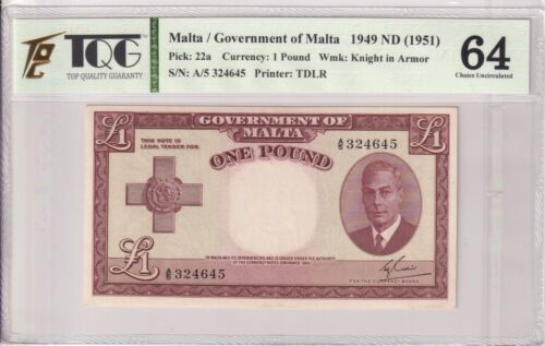 1949 Malta 1 Pound Pick#22a  64 Choice UNC - Afbeelding 1 van 2