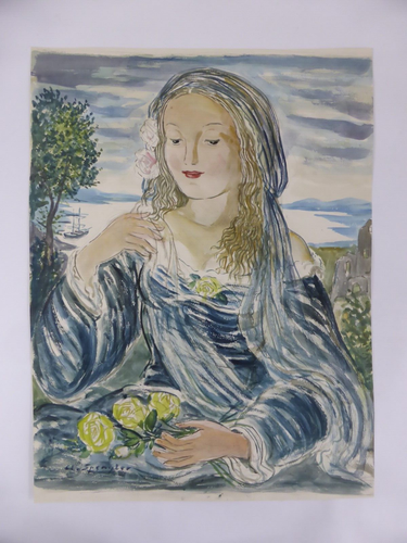 Clemens Spengler (1903-1969) Original Aquarell Frau m. Blumen in Landschaft (17) - Picture 2 of 7