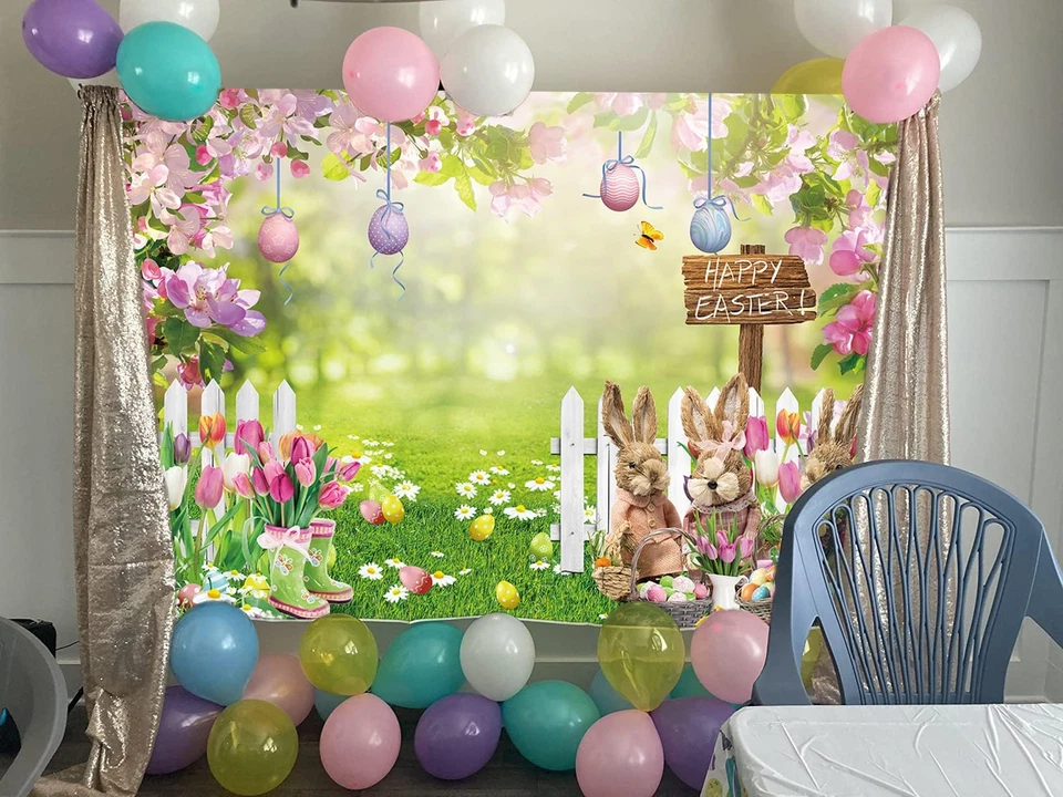 Telón de fondo de Pascua primavera conejito de Pascua jardín huevos coloridos fondo de fotografía Foto 3 de 4