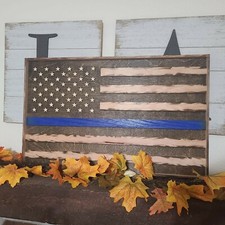 3D Thin Blue Line Wood Flag 15x25 rustic distressed handmade Unique