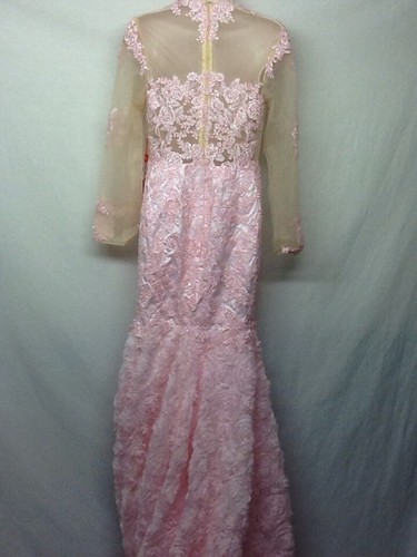 Pink Mermaid Long Sleeve Formal Ball Evening Party Prom Pageant Wedding Gown NWT - Picture 10 of 12