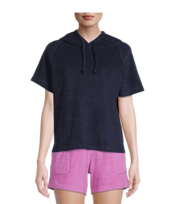 Time & Tru Women s Short Sleeve Hoodie Shirt Size S (4-6) Navy Blue French Terry