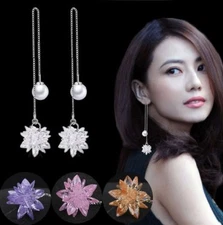 2 in1 Sterling Silver Cluster Ice Frosty Flower Pearl Drop Threader Earrings K45