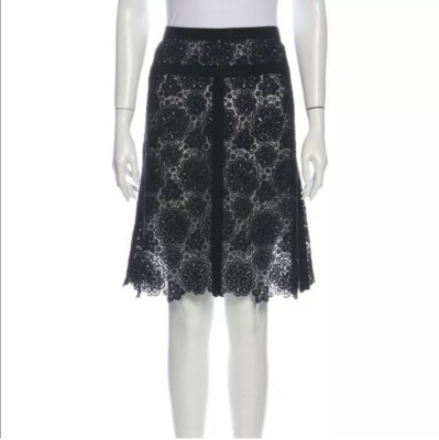 Chanel Black LACE Camellia Skirt Beige Silk lining Size FR 44