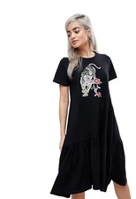 ASOS Casual T Shirt Dress Dropped Hem Tiger Embroidery Peasant Cotton Size 4