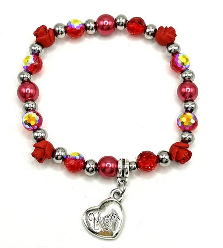 *Roses For Mom* Red Cinnabar & Glass 7.5" Mother's Day STRETCH Charm Bracelet - Picture 4 of 5