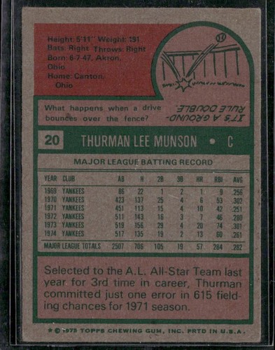 1975 Topps #20 Thurman Munson - Picture 2 of 2