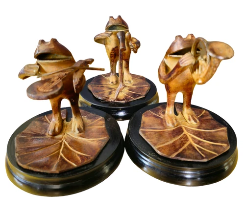 Vintage NOS Estate Musical Frog Band 3 Piece India ALL Metal Horn Lute Singer 4"