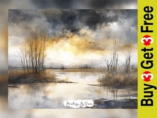 Serene Lakeside, Watercolor Painting Print 5"x7" on Matte Paper