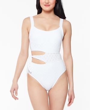 Jessica Simpson Women White Sweet Tooth Solids Cutout One-Piece Swimsuit Size XL