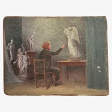 Vintage Outsider Portrait of Sculpture Artist in Studio, Signed (Oil on Board)