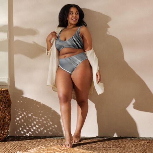 Womens High-Waist Gray and White Swimsuit 2-pc Bikini XS-3XL Removable Padding