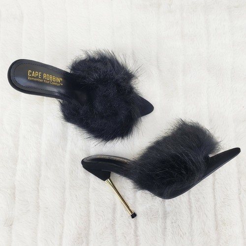 Fuji pelzige spitze Zehenpartie Slipper 4,5" goldfarbene schmale Absätze schwarz - Bild 6 von 12